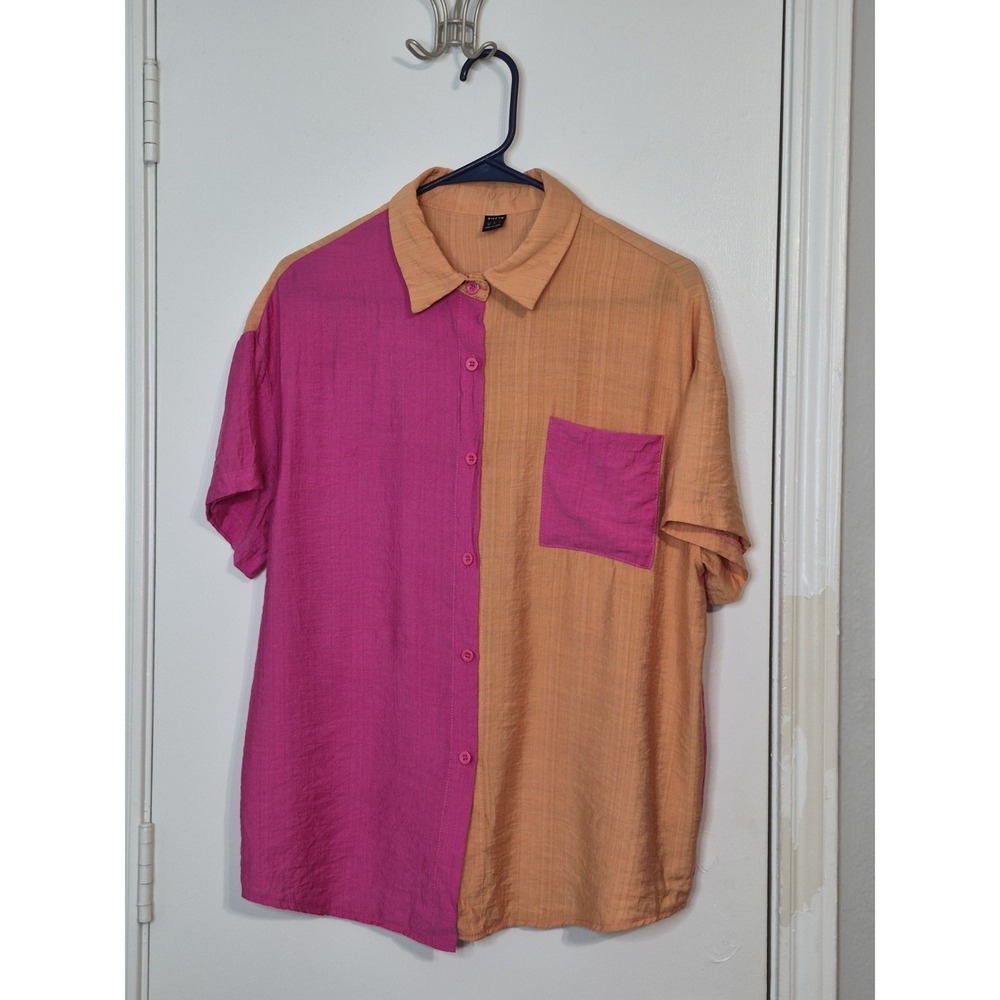 SHEIN M Colorblock Button Up Shirt Pink Orange Pocket  Resort Coastal Boxy Top